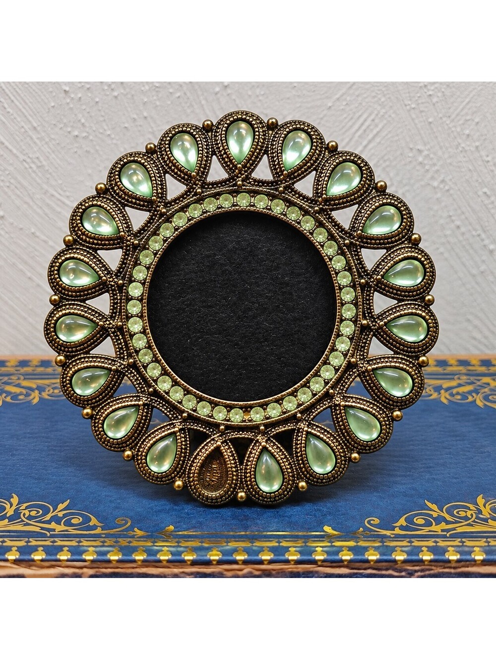 Ornate Green Jeweled Picture Frame Gold Tone Rhinestone Round Easel Back